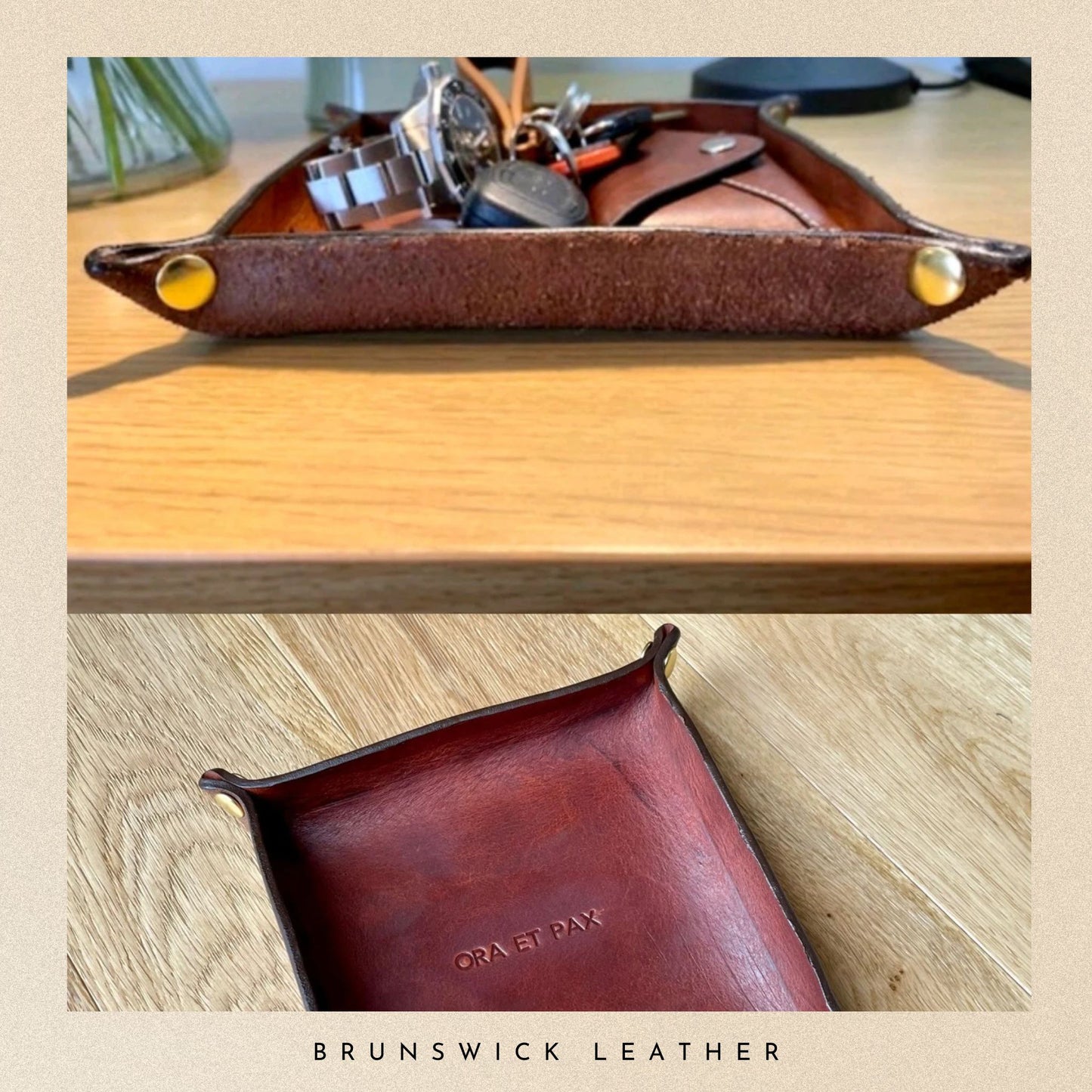 Brown leather tray with tools on a wooden surface, branded 'Brunswick Leather'.