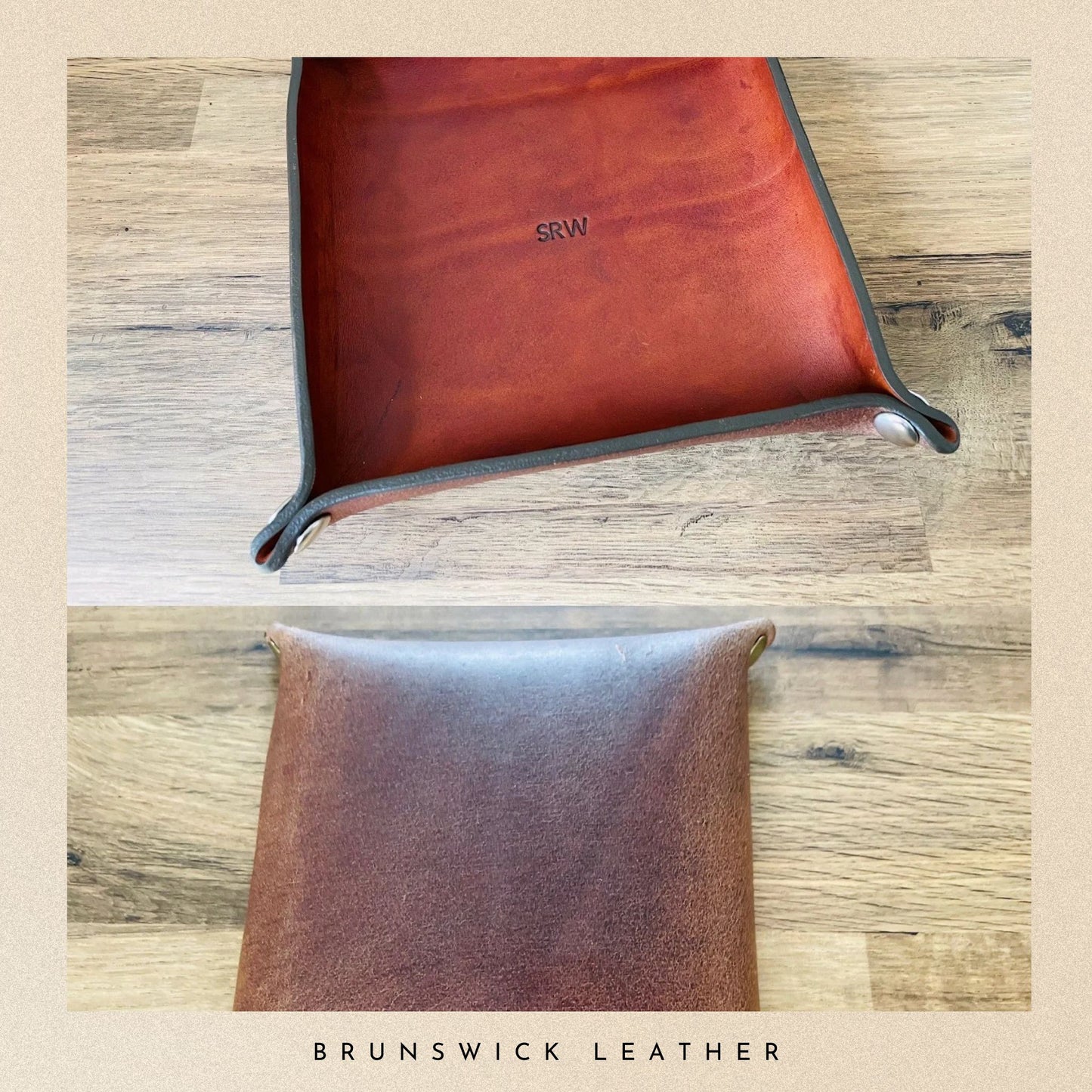 Two leather products on a wooden surface with 'Brunswick Leather' branding.