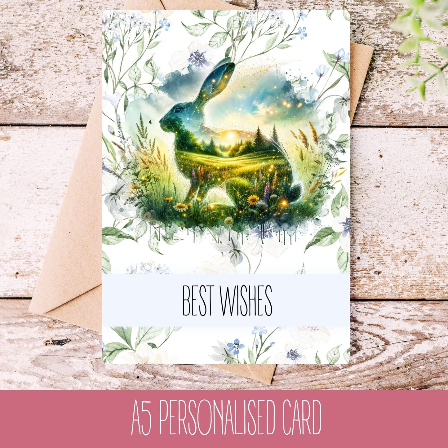 A personalised greeting card featuring an illustration of a hare with a floral and pastoral background, and a message that reads 'Best Wishes'.