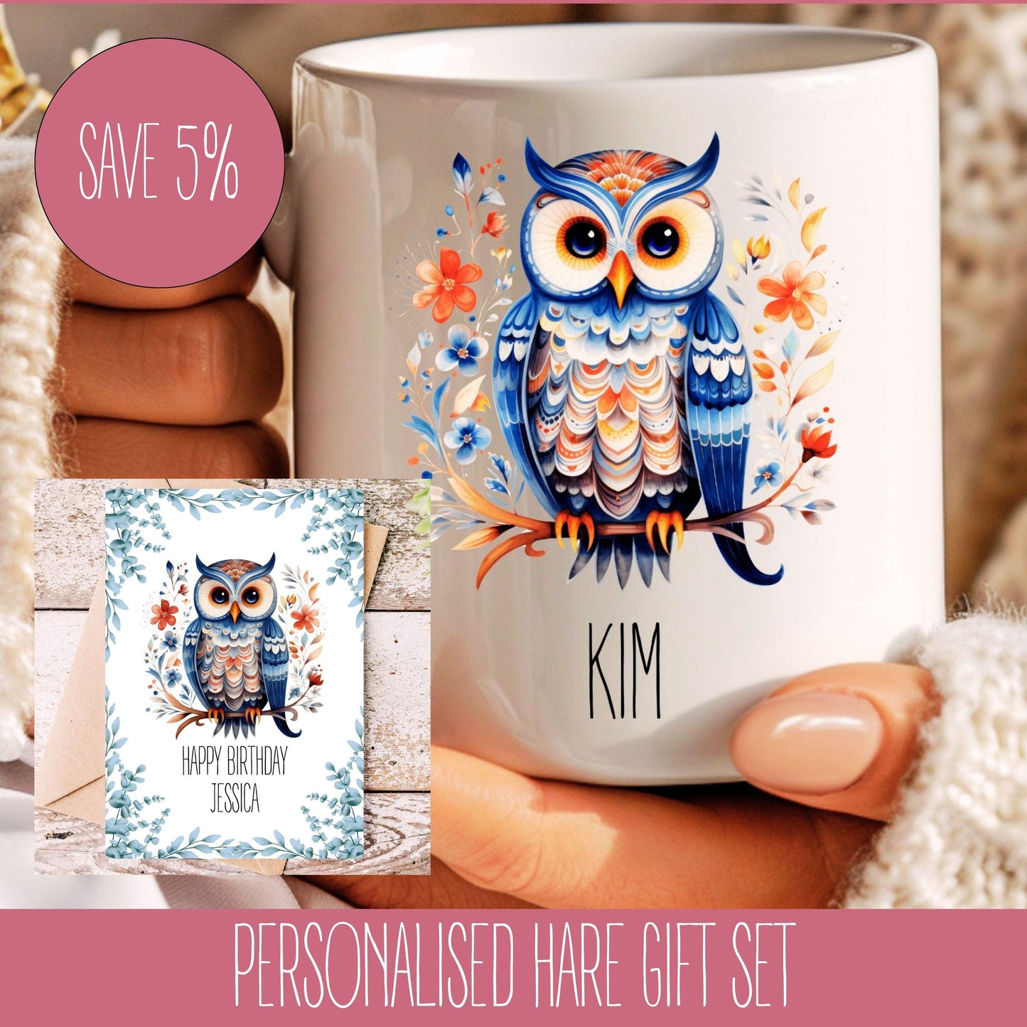 A personalised owl-themed gift set, featuring a colourful owl illustration on a mug and a coordinating personalised card.