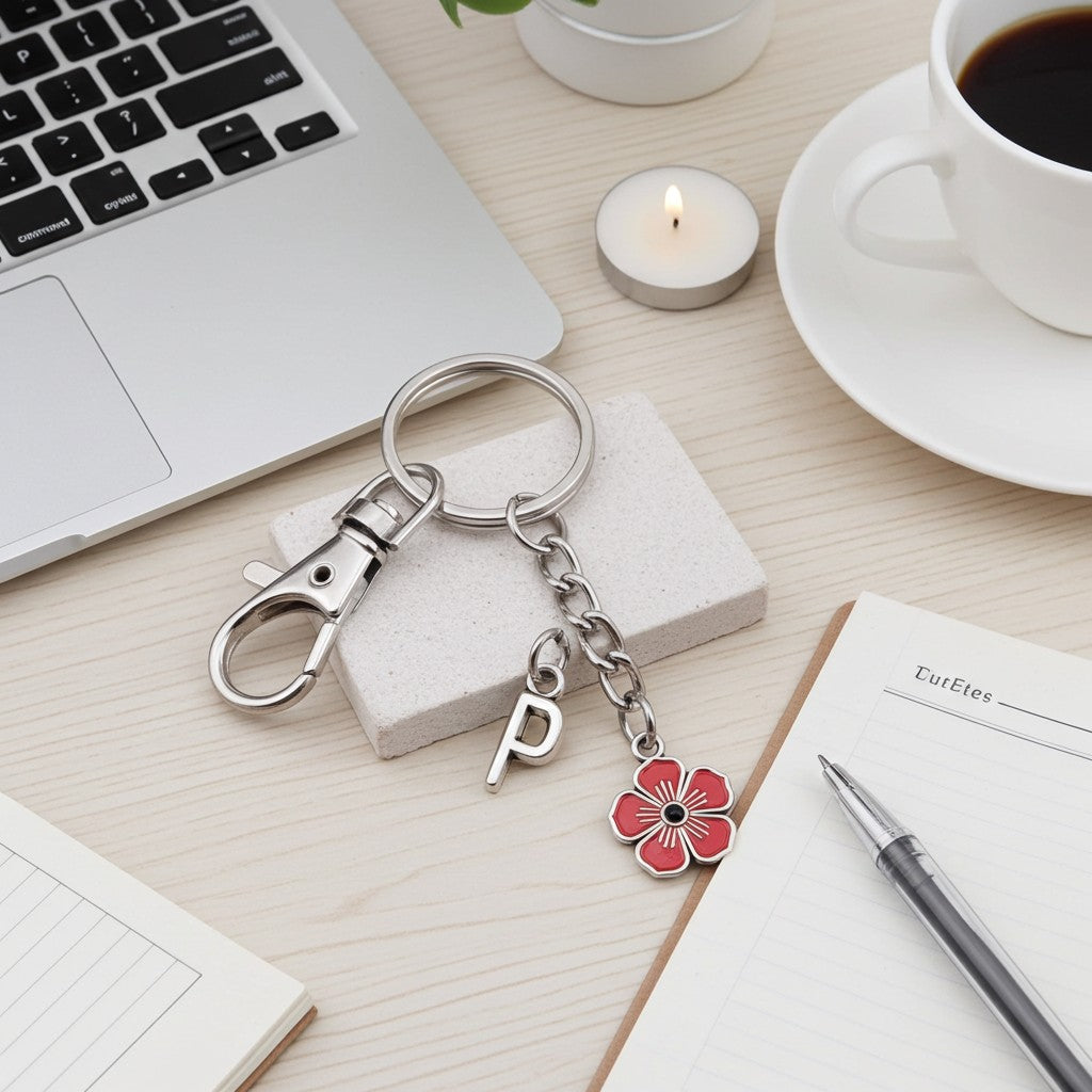 A silver metal keychain with a lobster clasp, a letter 'P' charm, and a red flower charm, displayed on a light wood desk with a laptop, coffee cup, candle, and notebook.