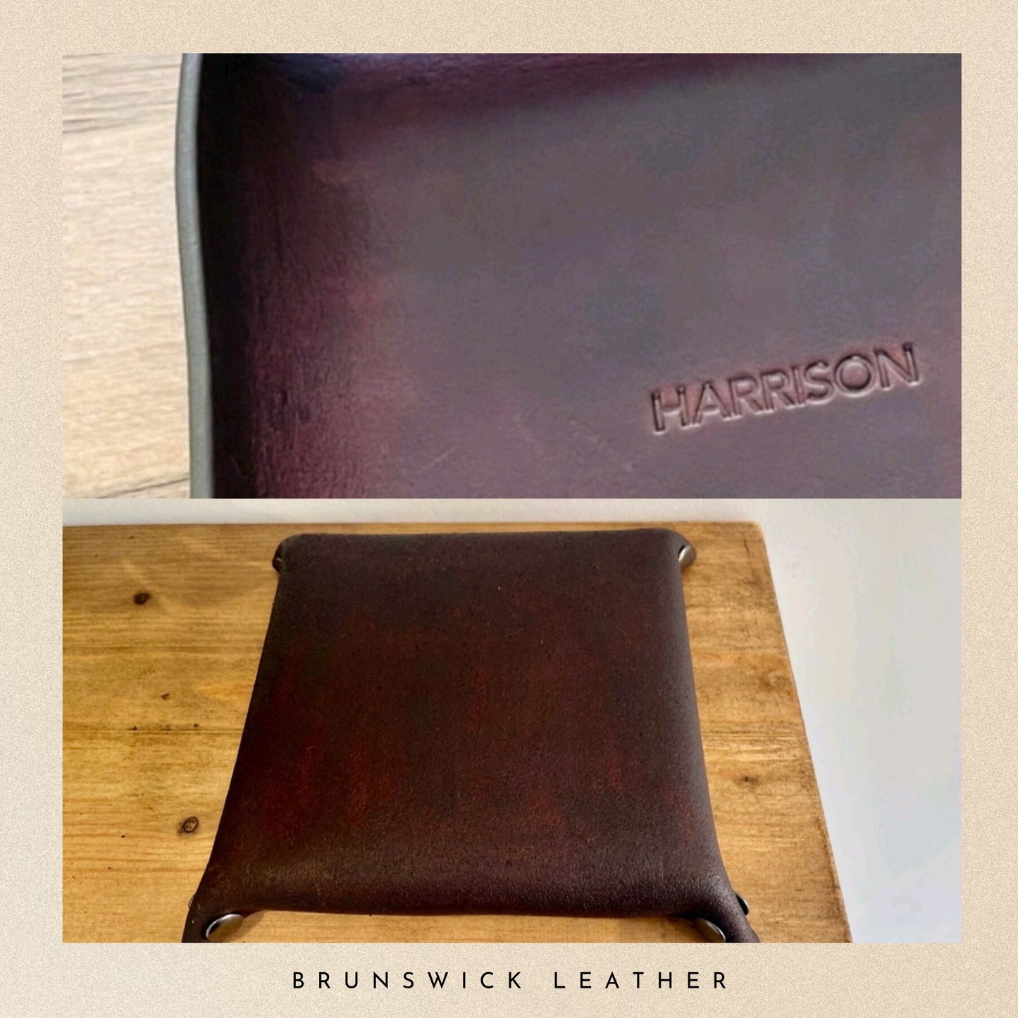 Brown leather pouch with 'HARRISON' branding on a wooden surface, featuring 'Brunswick Leather'.