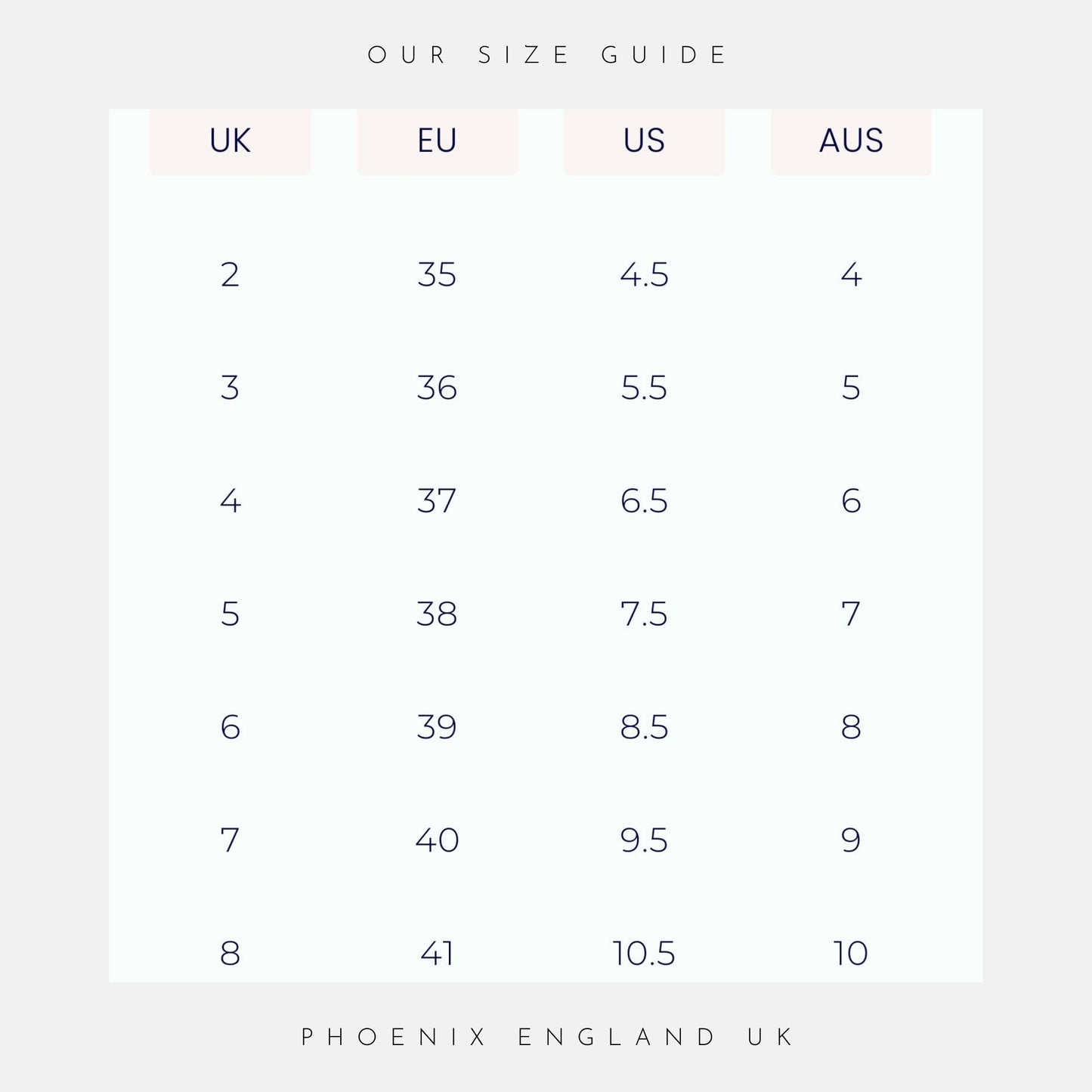 Size guide chart comparing UK, EU, US, and AUS sizes with Phoenix England UK branding.