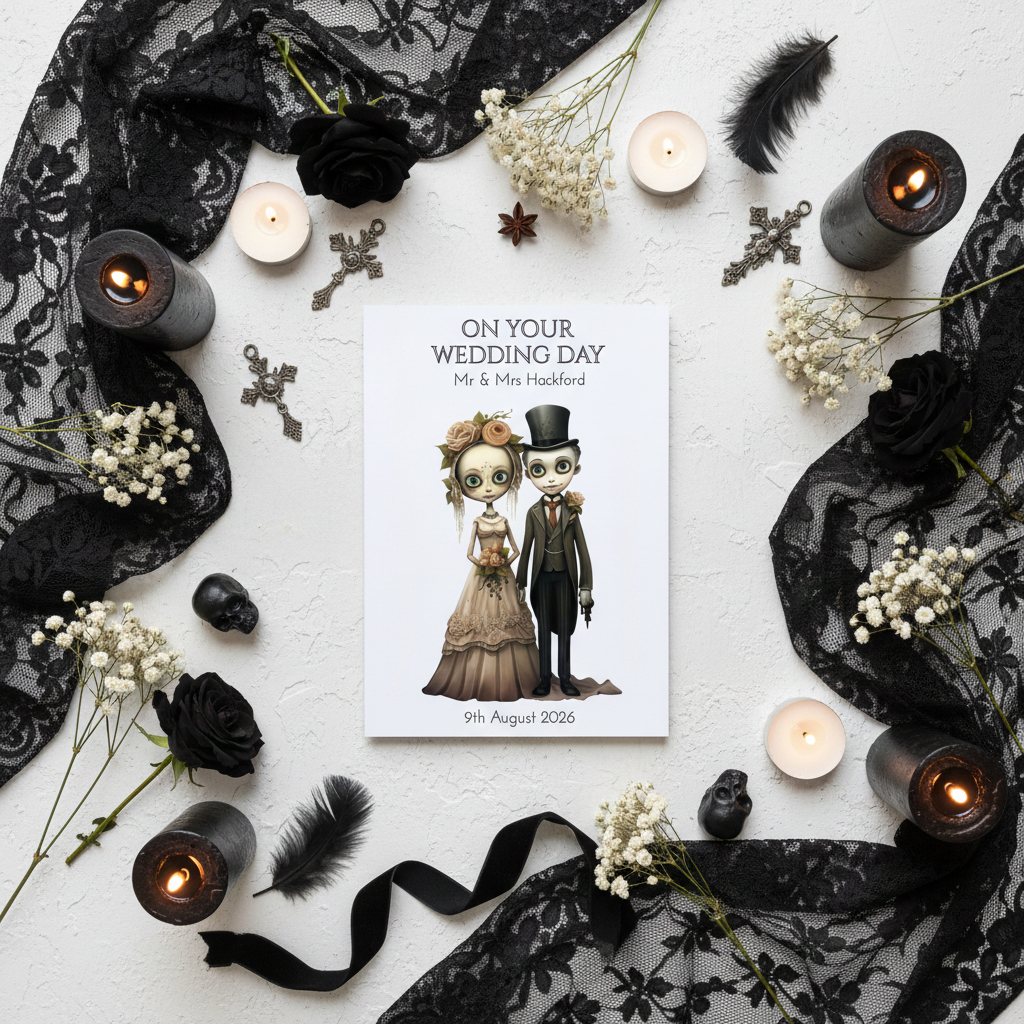 Wedding card with gothic-themed illustrations surrounded by black lace, candles, and flowers on a white background.