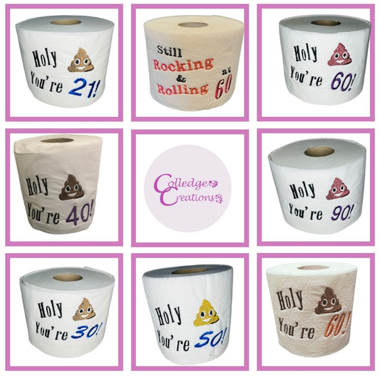 Image showing some of the embroidery options for our custom novelty toilet rolls