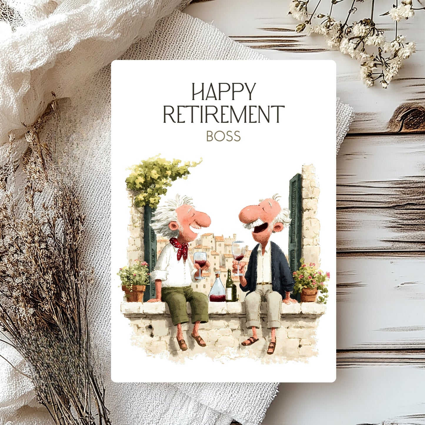 Greeting card with two cartoon characters sitting on a wall, holding drinks, and text 'Happy Retirement Boss' on a decorative background.