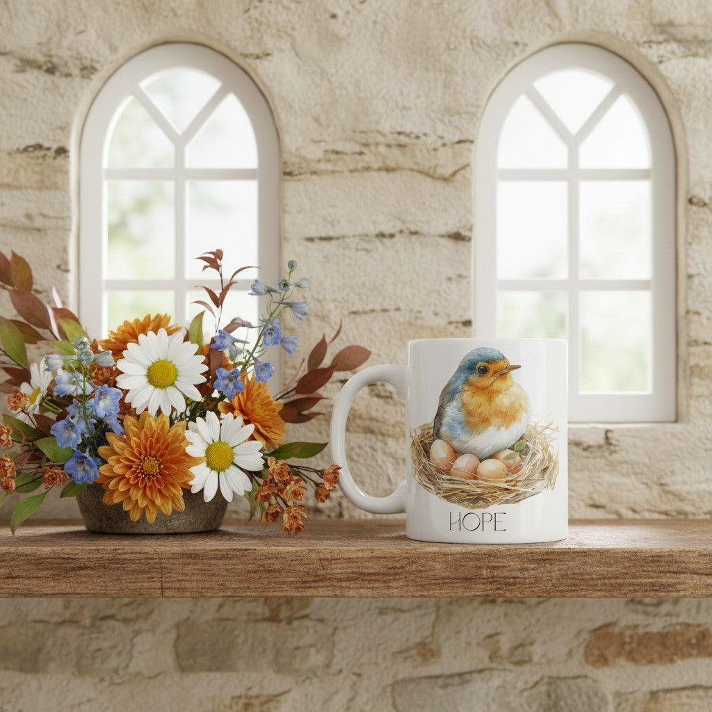 Mug with a robin design and 'Hope' text next to a floral arrangement on a stone shelf.