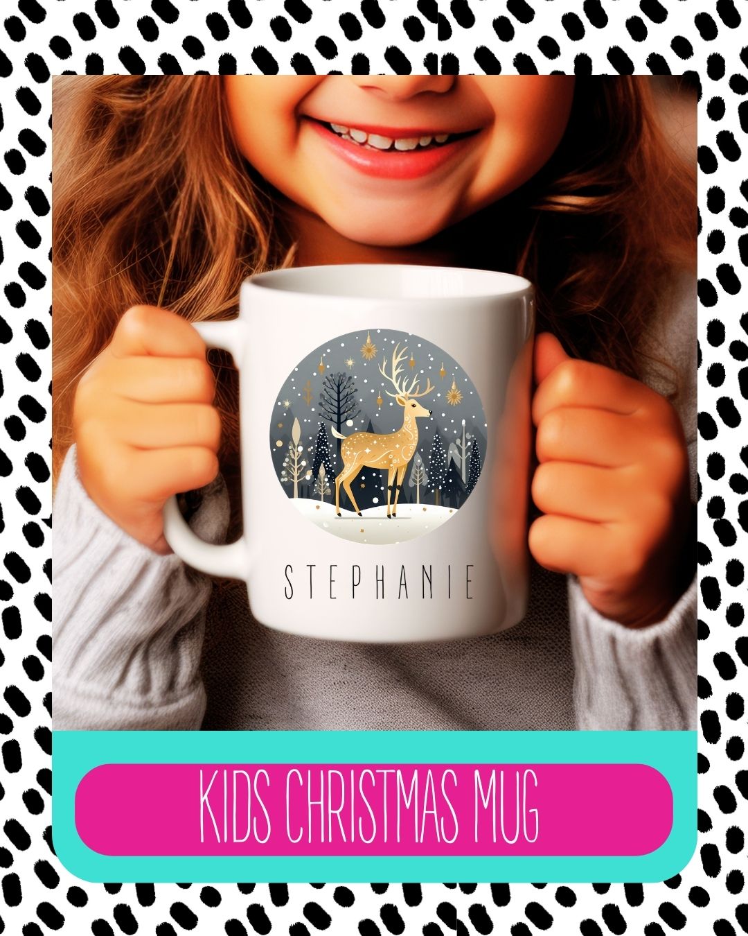 A child holding a white ceramic mug with a Scandi deer design and the text 'Kids Christmas Mug'.