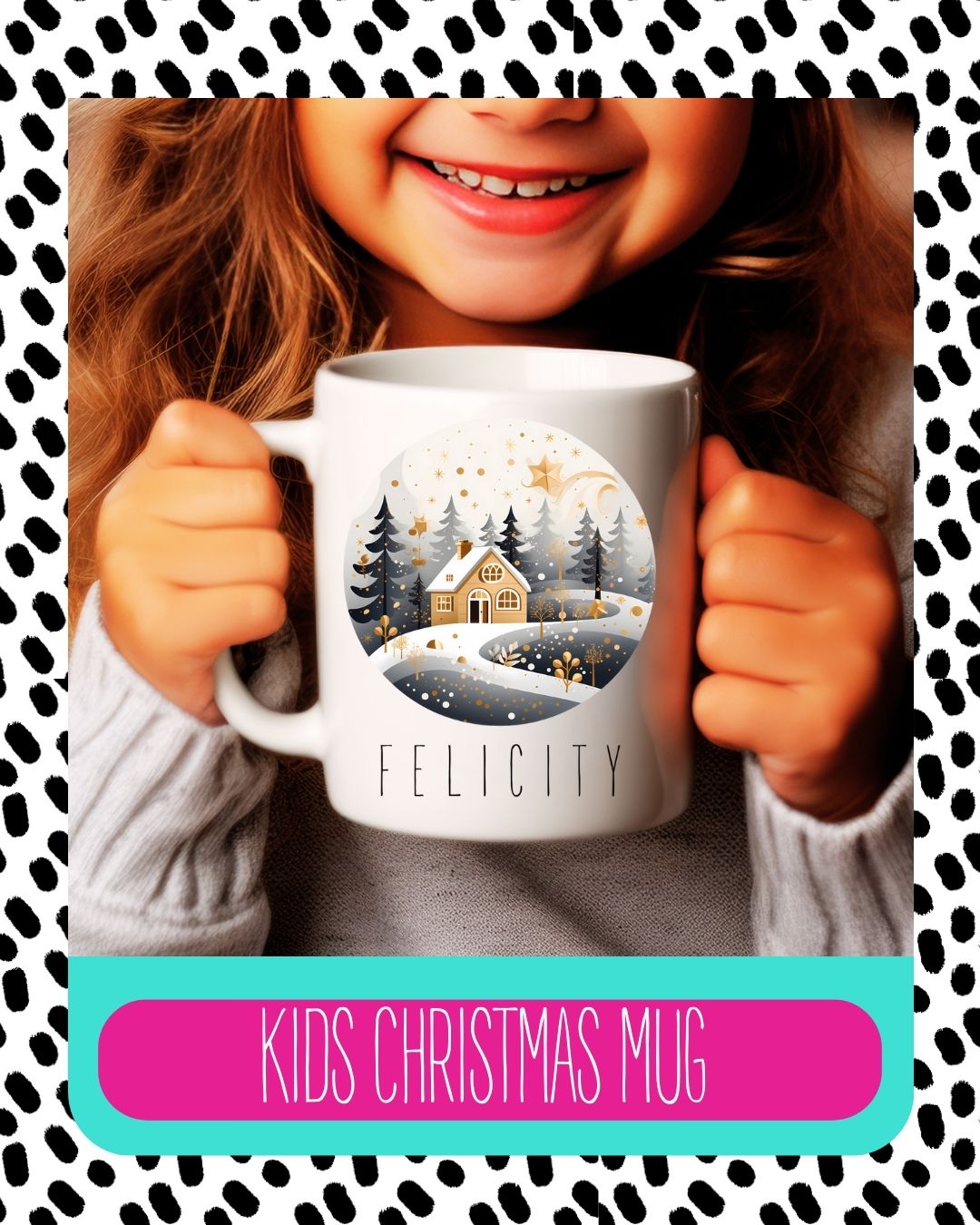 A child holding a white ceramic mug with a Christmas design, including a cabin in the snow and the text 'Kids Christmas Mug'. The mug has a double-sided orca coating.