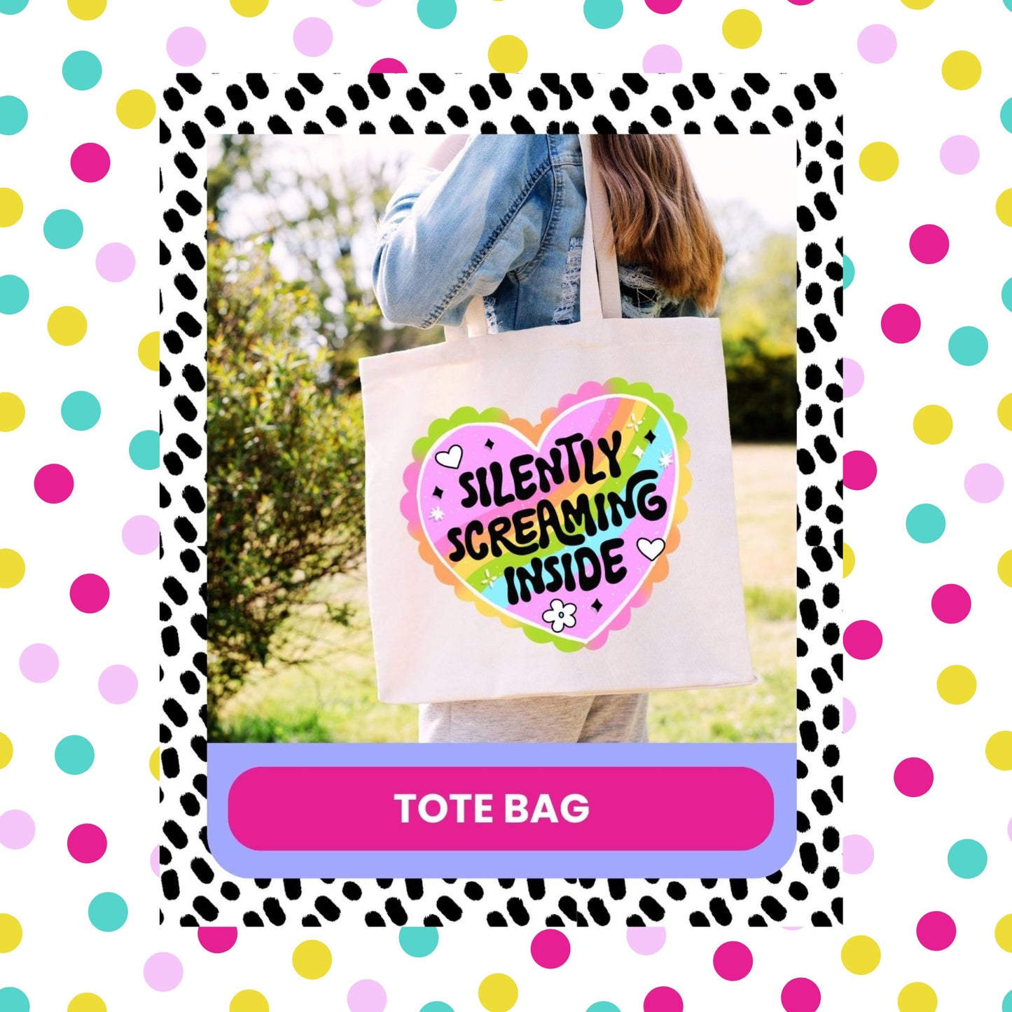 A person carrying a white tote bag with a colourful, sarcastic text design on it.