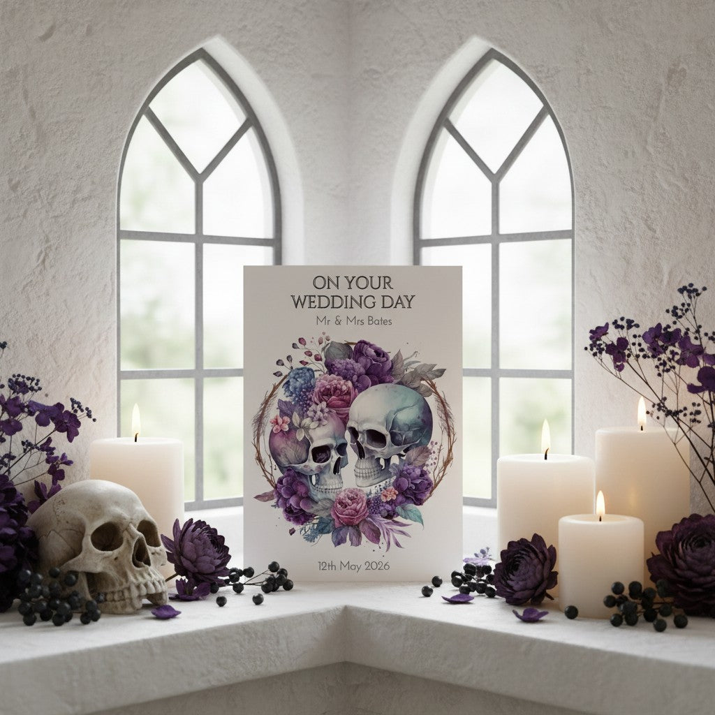 Decorative wedding card with skulls and flowers in a church setting with candles and purple flowers.