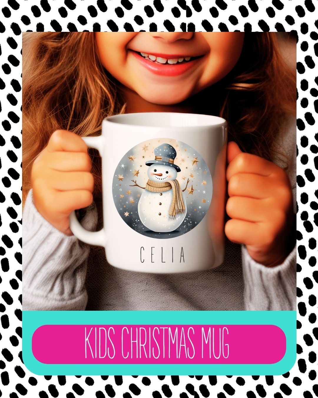 A child holding a white ceramic mug with a snowman design and the text 'Kids Christmas Mug'.