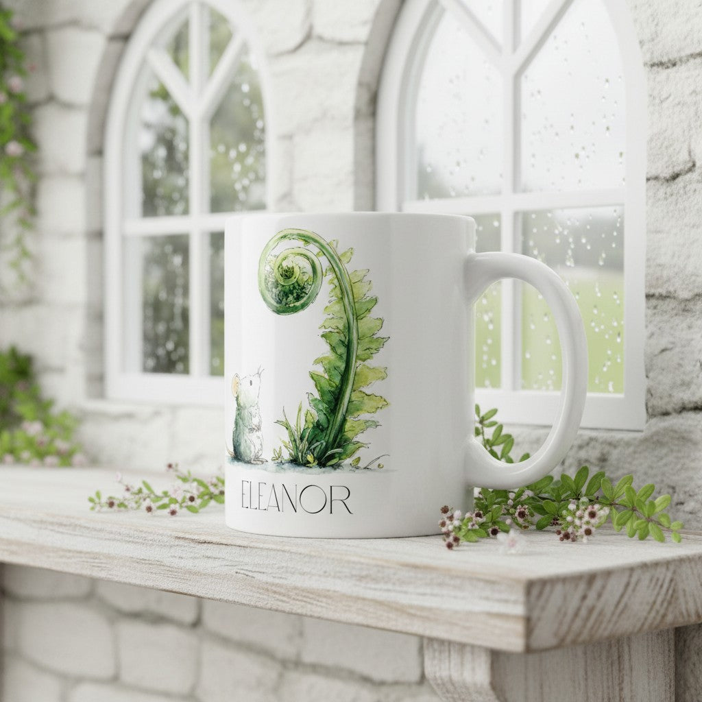 White mug with green fern and mouse design and 'Eleanor' text on a white surface with decorative plants.