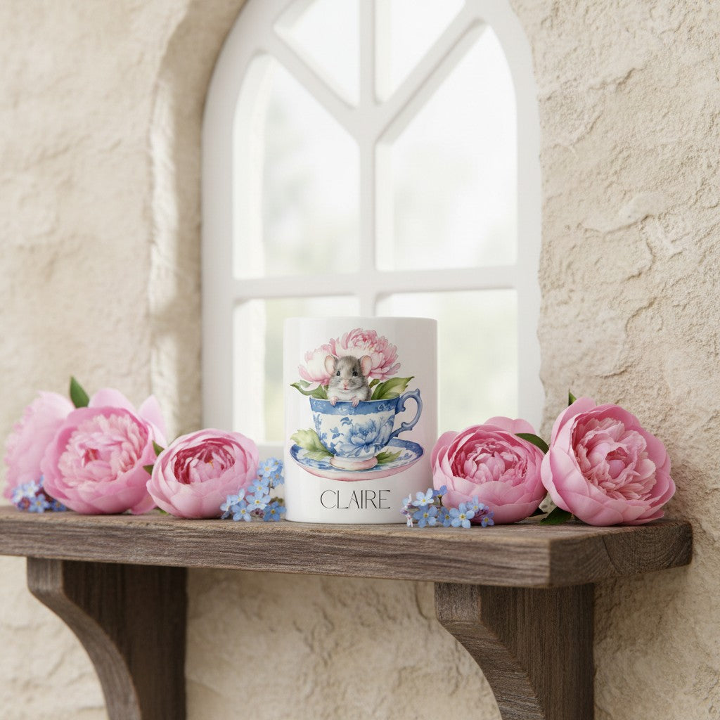 Mouse mug with a tea cup design on a wooden shelf with pink flowers and a window in the background.