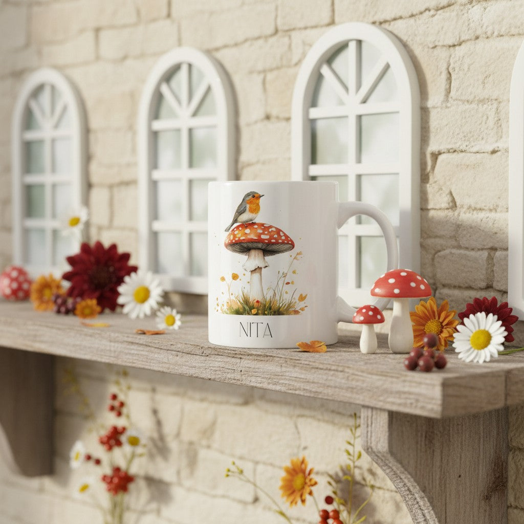 Decorative shelf with a mug featuring mushrooms and a robin, surrounded by autumn-themed decor.