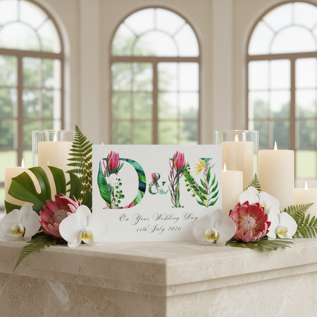 Decorative table setting with floral elements and a personalised wedding card in a bright room.