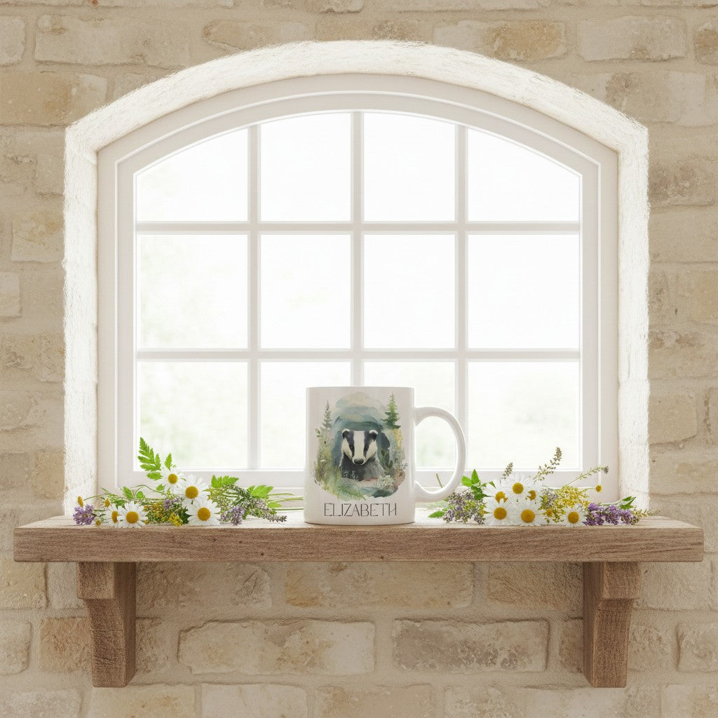 Mug with a badger design on a wooden shelf in front of a stone wall with a window.