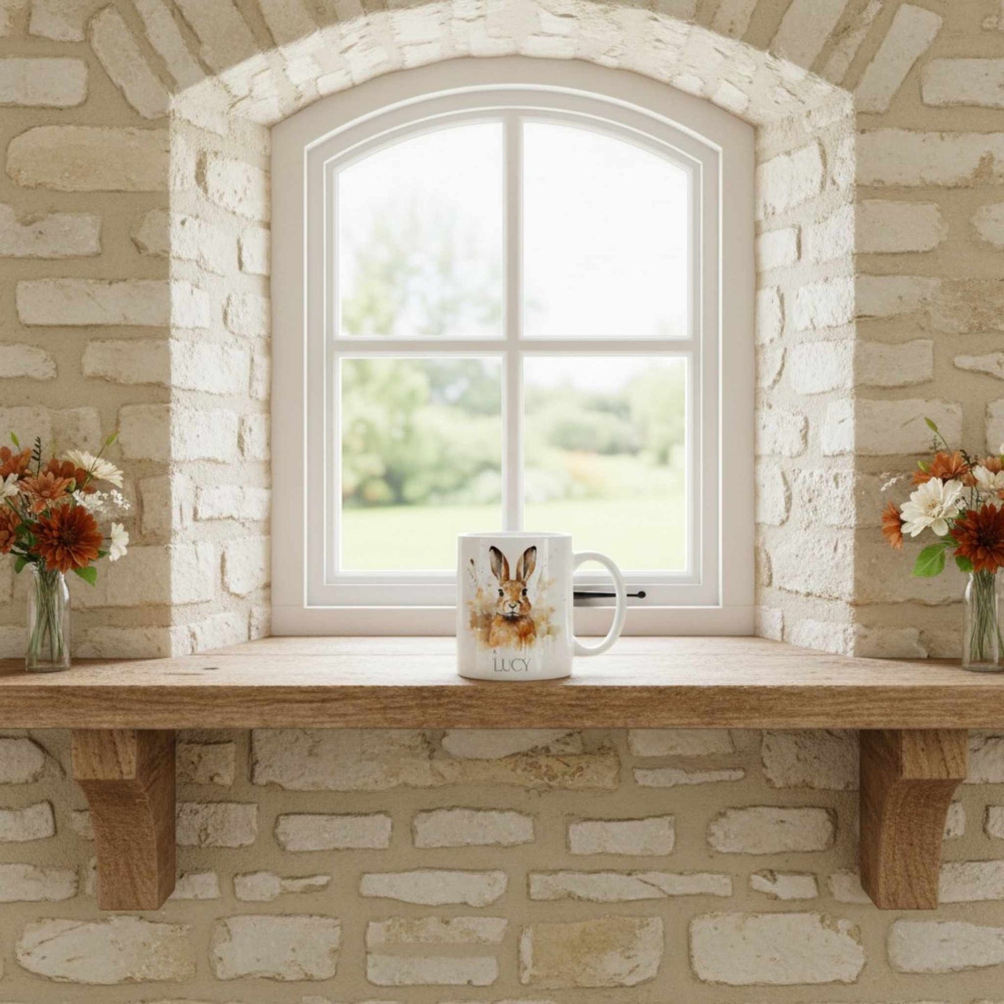 Mug with a hare design on a wooden ledge in front of a stone wall with a window.