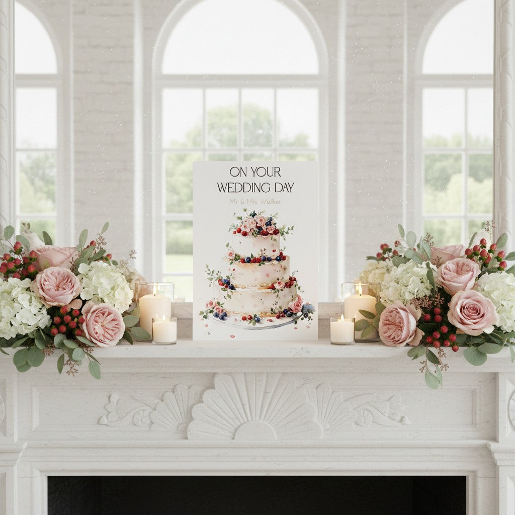 Wedding cake card with floral decorations on a white fireplace mantel, surrounded by pink and white flowers.