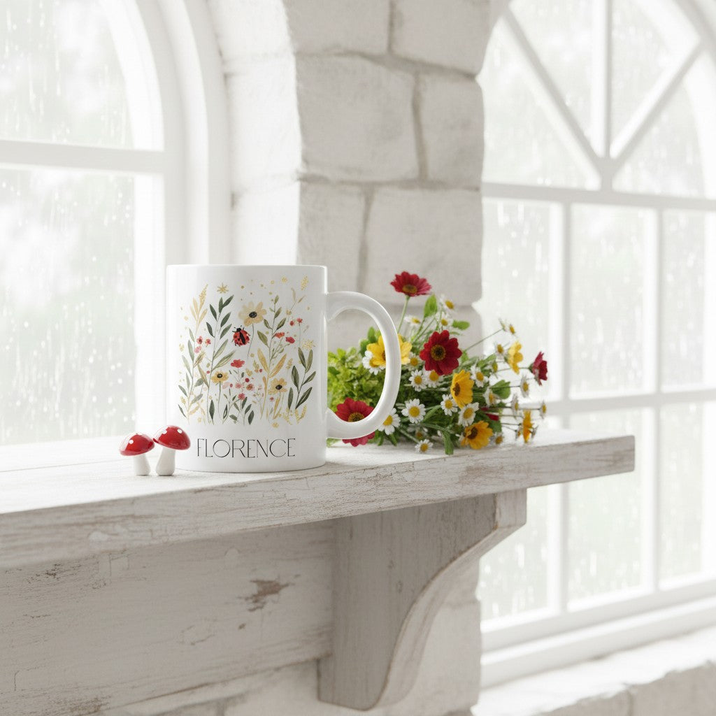 White mug with floral ladybird design and 'Florence' text on a wooden surface with flowers.