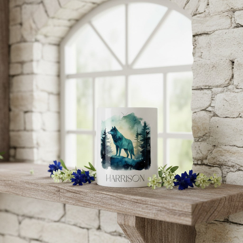 Mug with wolf design on a stone wall background