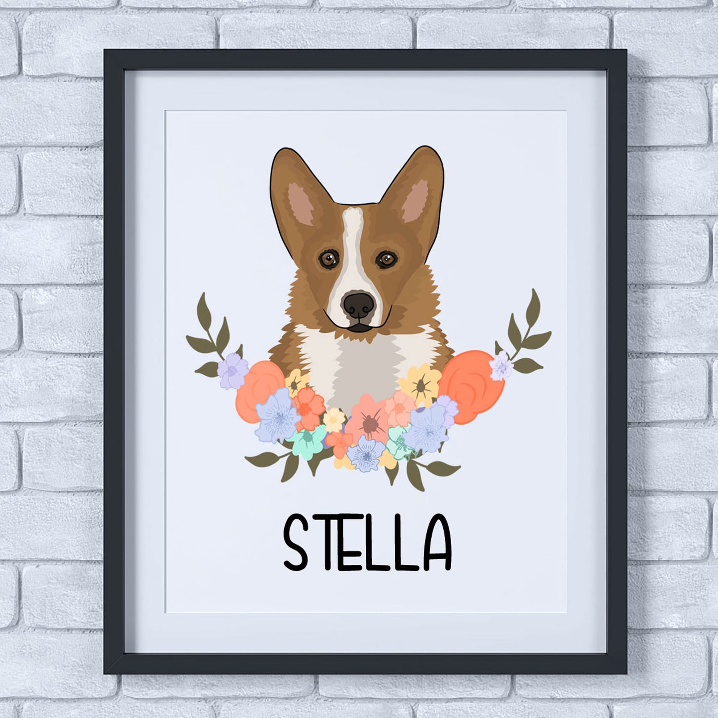 A personalised dog print featuring an illustration of a corgi dog with a floral wreath background, framed in a light gray frame, with the name 'Stella' printed at the bottom.