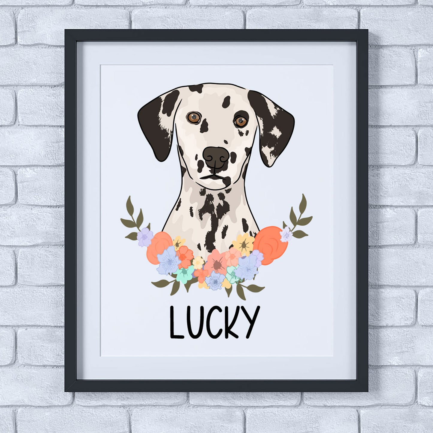 A framed poster of a Dalmatian dog with a floral pattern and the word 'LUCKY' written at the bottom.