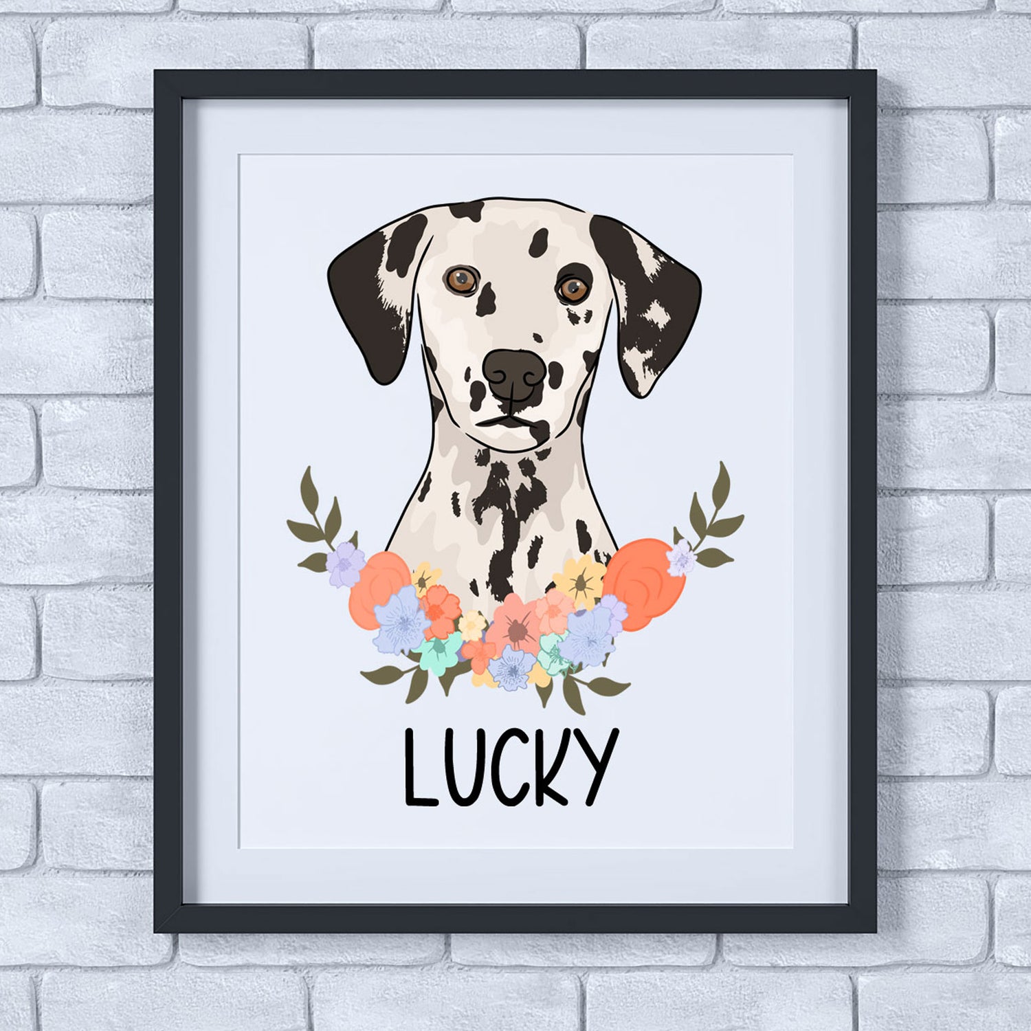 A framed poster of a Dalmatian dog with a floral pattern and the word 'LUCKY' written at the bottom.