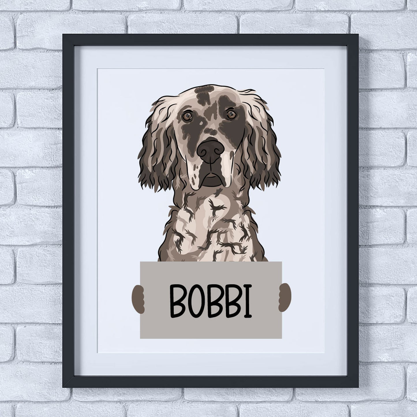 A framed poster of an English Setter dog with the name 'BOBBI' printed at the bottom.