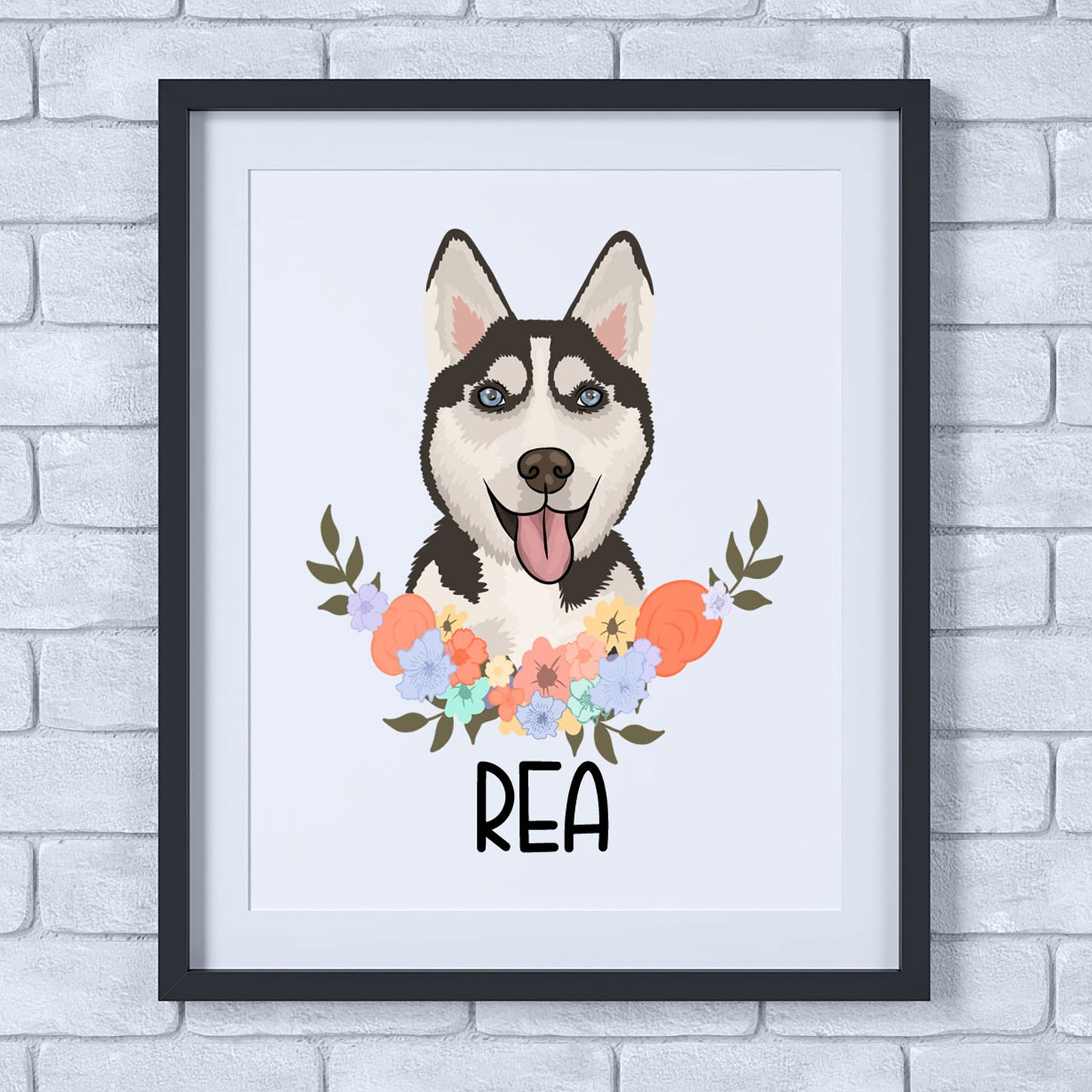 A personalised artwork print featuring a husky dog with a flower arrangement in its mouth, framed in a white and orange colour scheme.
