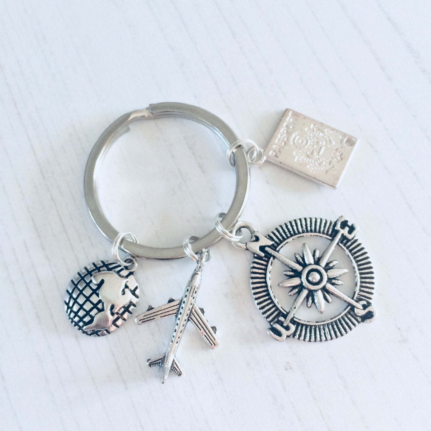Travel Keychain, Keyring, Bag Charm, Travel Accessory, Compass, Travelling Gift, Luggage Keyring, Earth Gift, Aeroplane Gift, Passport Gift.