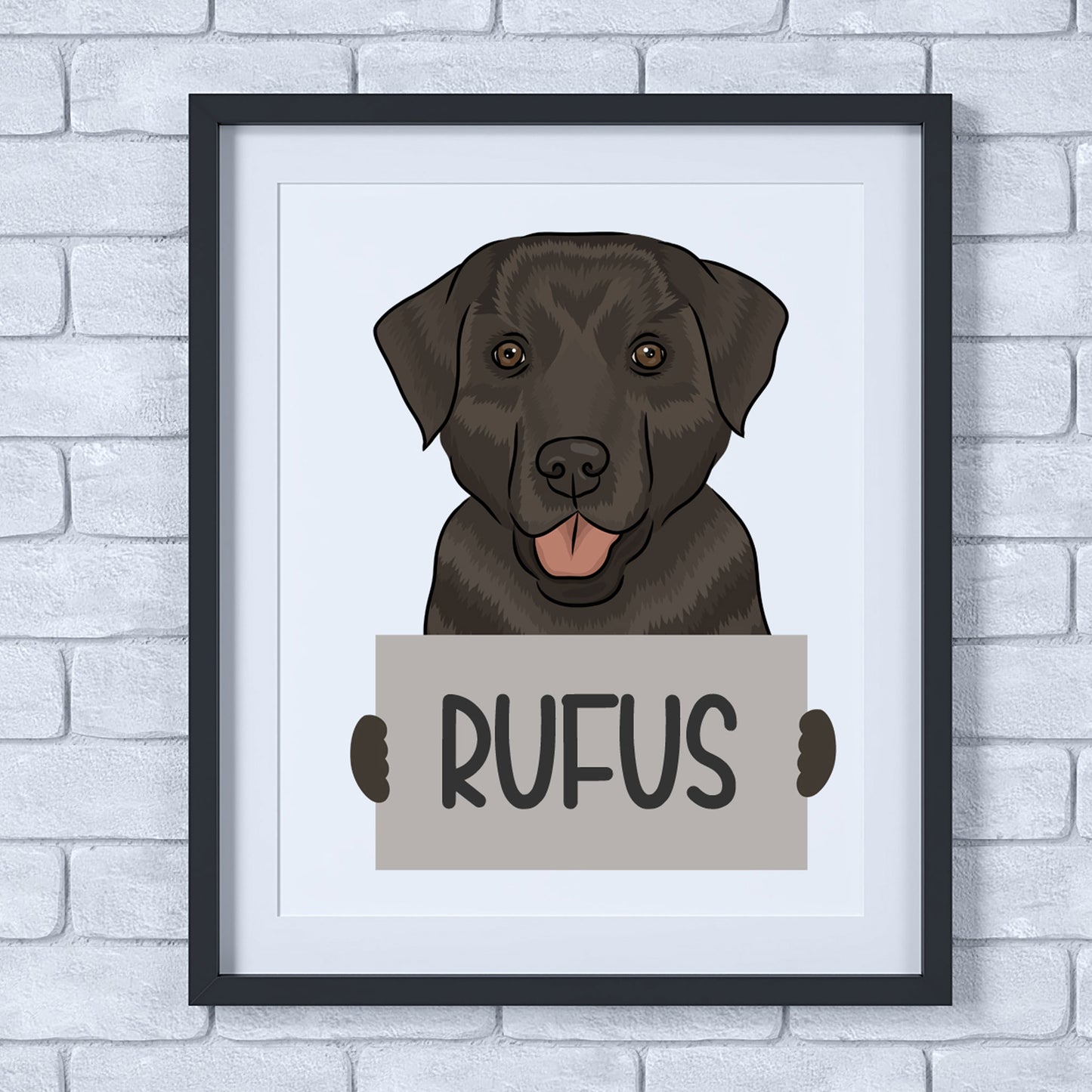 A lovely personalised illustration of a Labrador dog with a sign that reads 'Rufus', framed in a black square enclosure.