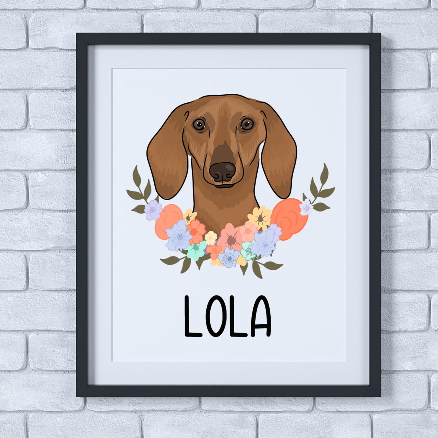 A personalised dog print featuring an illustration of a sausage-shaped dog with a floral wreath in a white frame.