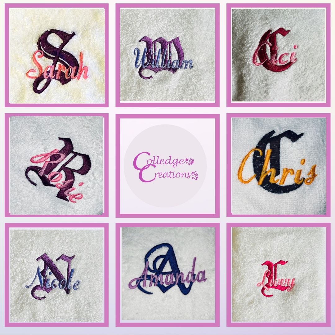 Grid of embroidered monograms on fabric with brand name 'Colledge Creations' in the centre