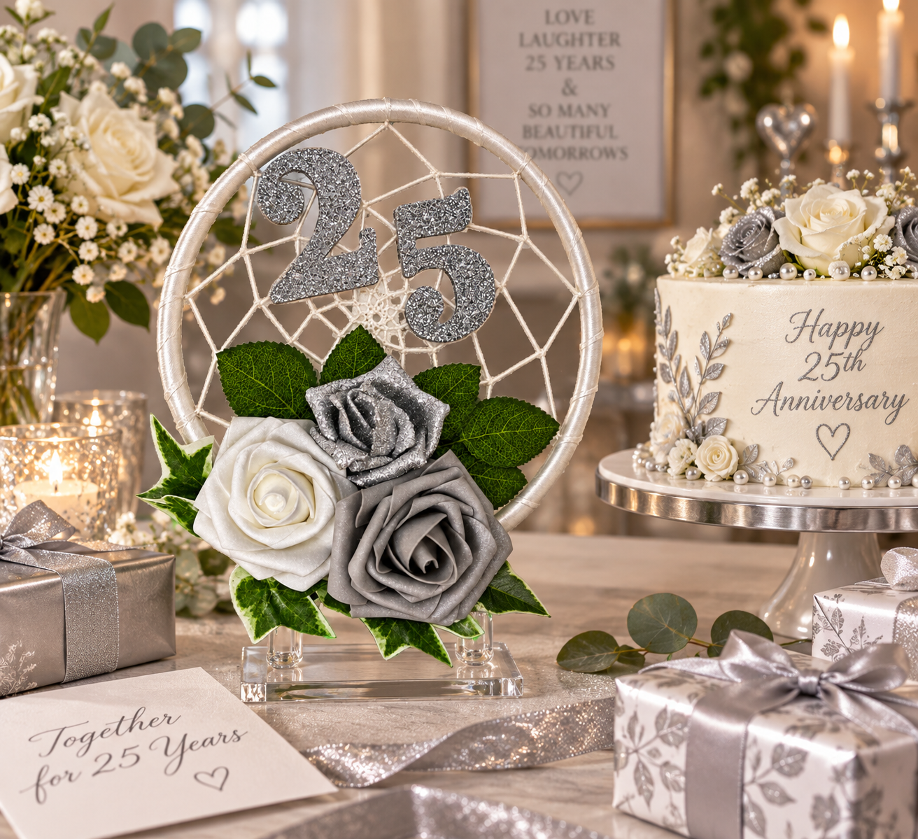 A 25th anniversary wedding centerpiece featuring a white circular frame with a silver glittery '25' and faux white and gray roses with green leaves, displayed on a decorated cake stand next to a matching anniversary cake.
