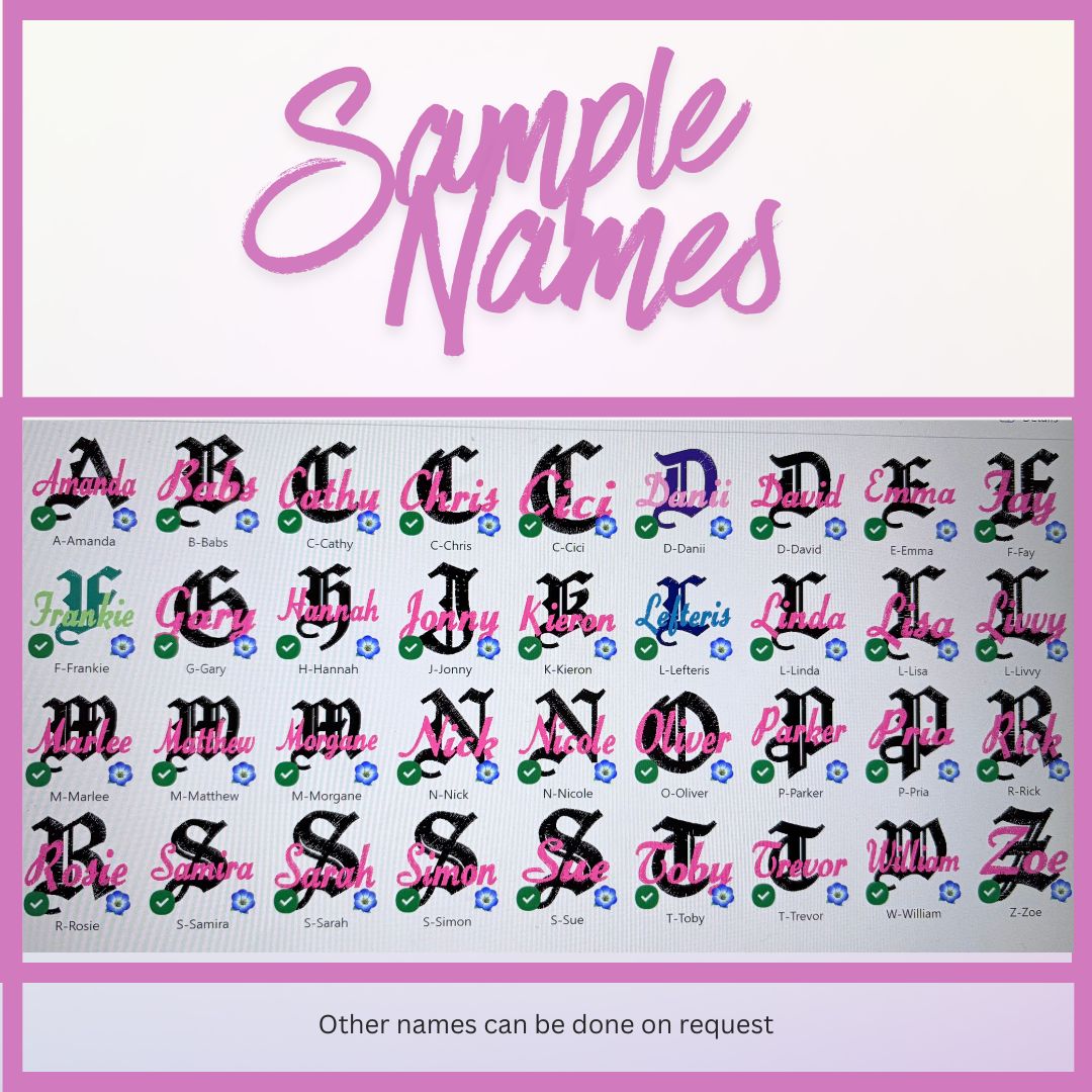 Alphabetical name chart with decorative letters on a pink background