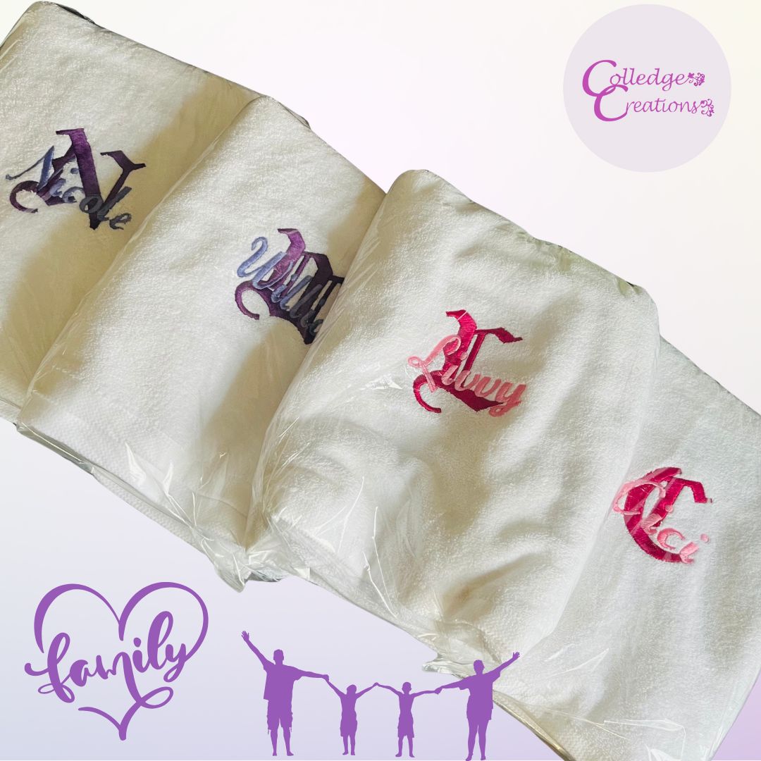 folded white towels with embroidered monograms on a light purple background, featuring the brand 'Colledge Creations'.