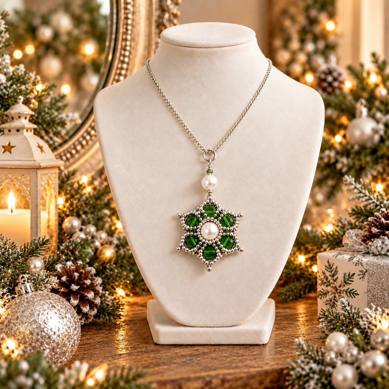A silver-tone pendant necklace displayed on a cream jewelry bust, featuring a snowflake-like green and pearl pendant, set against a warm, festive Christmas background with lights, ornaments, and holiday greenery.
