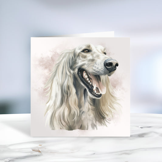 White Afghan Hound head shot facing right with a smokey brown background on a white card.  The card is placed on a grey marble surface.