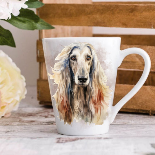 A ceramic latte mug with a printed image of an Afghan Hound dog on a smokey grey background. A wooden crate sits behind..