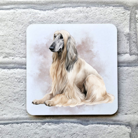 A cream Afghan Hound with long flowing hair sat facing left. A smoky background decorates the image on a white drinks coaster. The coaster is placed on a grey, brick effect surface.