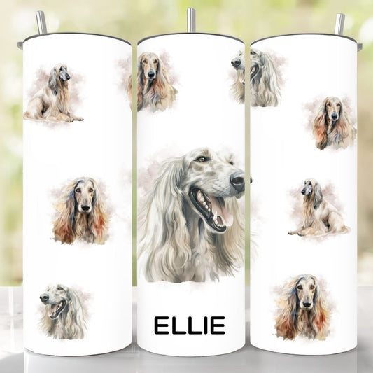 Afghan Hound on a Skinny Tumbler showing different images of the Afghan Hound on a white tumbler with a stainless steel straw.