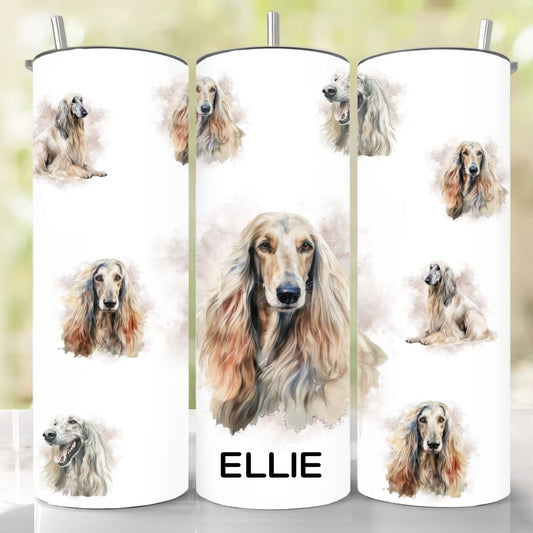 Personalised Afghan Hound Skinny Tumbler showing various images of the Afghan Hound on a white tumbler with a stainless steel straw.