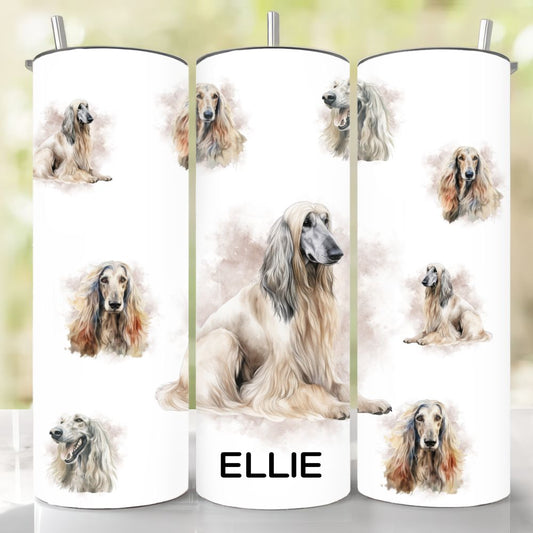 Personalised Afghan Hound Skinny Tumbler showing different images of the Afghan Hound on a white tumbler with a stainless steel straw.