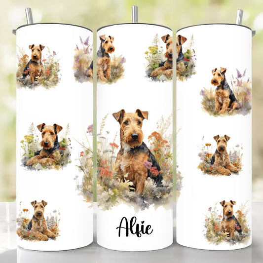 Personalised Airedale Terrier Skinny Tumbler showing various images of the Airedale terrier on a white tumbler with a stainless steel straw.
