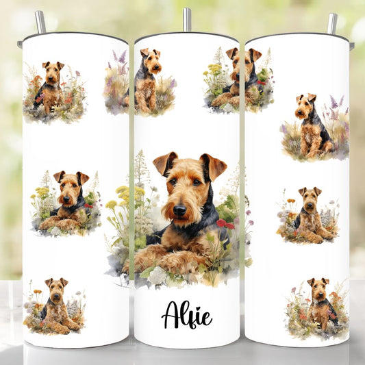 Personalised Airedale Terrier Skinny Tumbler showing different images of the Airedale Terrier on a white tumbler with a stainless steel straw.