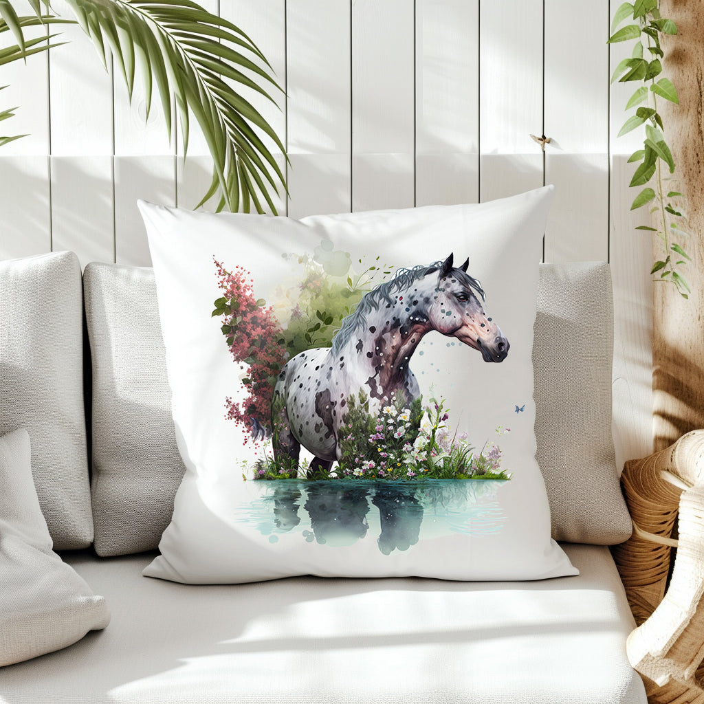 An Apaloosa Horse standing in water looking to the right.  Pink and white flowers decorate the background on the front of a white cushion which is placed on a cream sofa.  White panels and green fern create the background.
