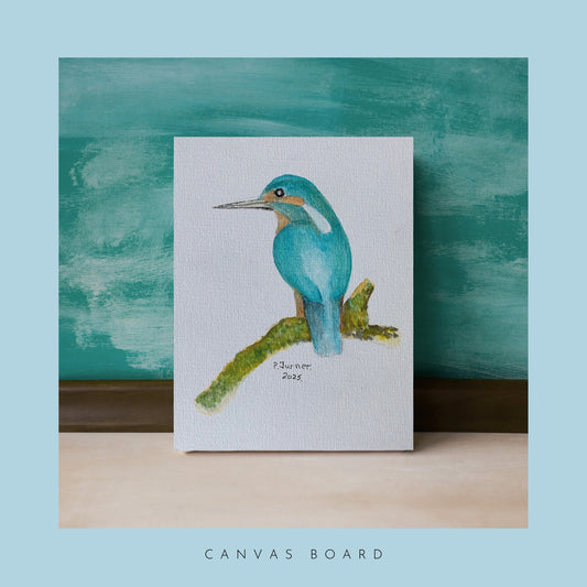 kingfisher canvas board hand painted against a wall