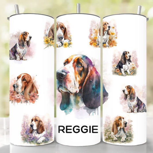 Personalised Basset Hound Skinny Tumbler showing different images of the Basset Hound on a white tumbler with a stainless steel straw.