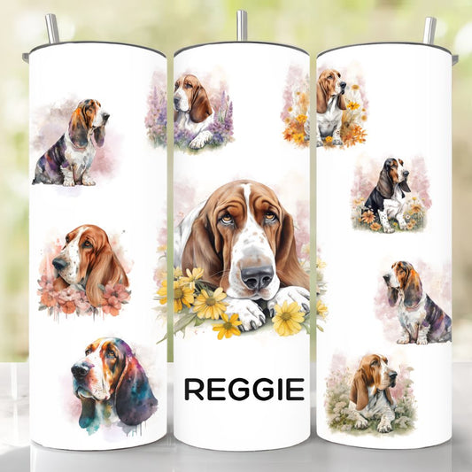 Personalised Basset Hound Skinny Tumbler showing various images of the Basset Hound on a white tumbler with a stainless steel straw.